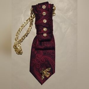 Burgundy Paisley Tie with Gold Chain and Crystal Accents